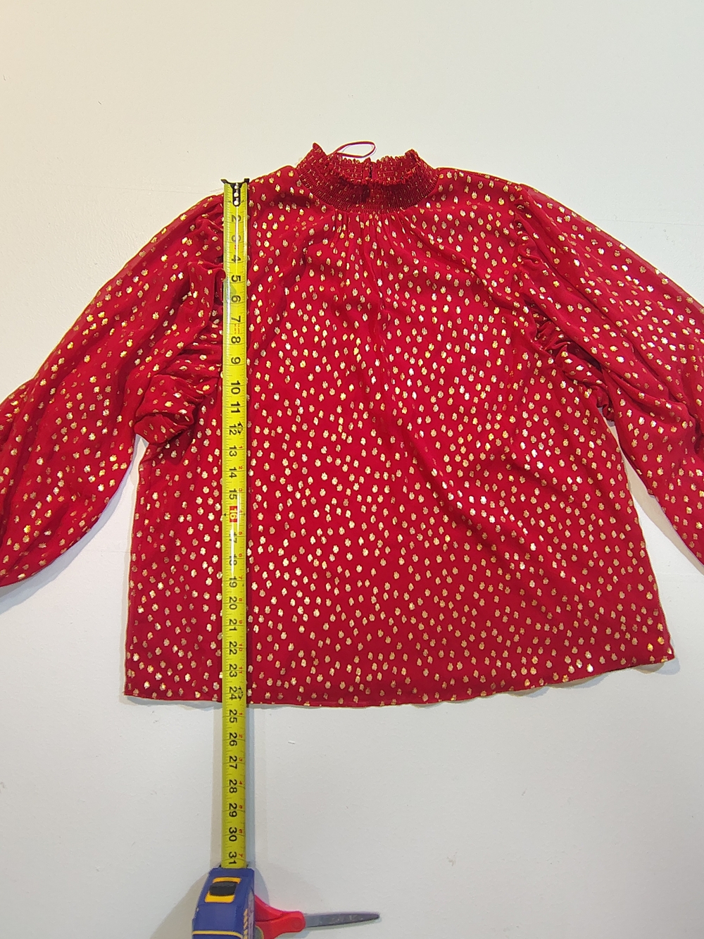 MSK Red Blouse with Gold Dot Accents and Statement Puff Sleeves - Picture 4 of 9